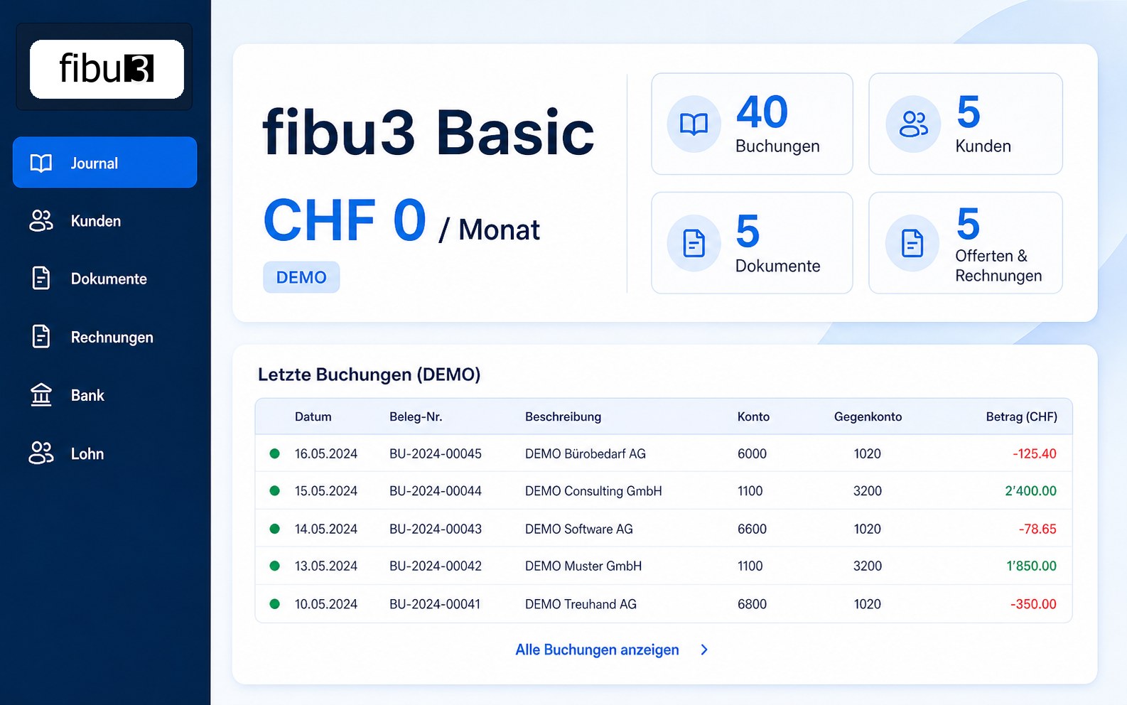 fibu3 Basic avec les limites de l'offre gratuite et des écritures de démonstration