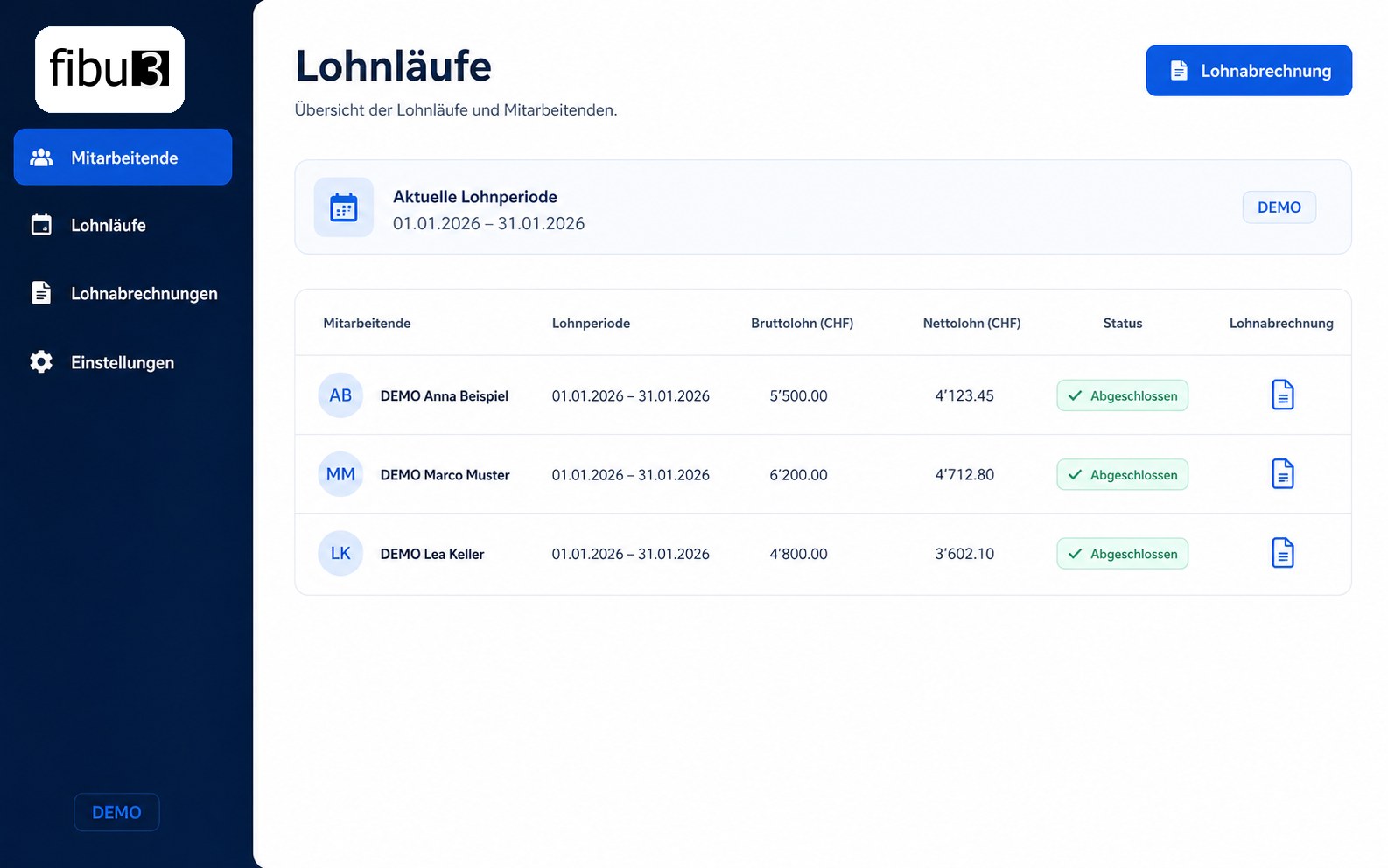 Demo employee overview in fibu3 payroll